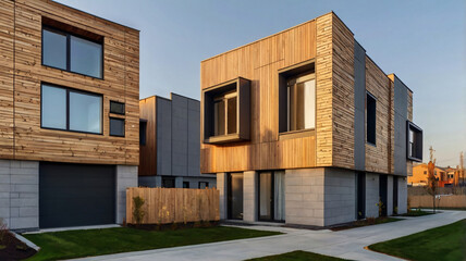 Street with modern modular private townhouses. Appearance of residential architecture