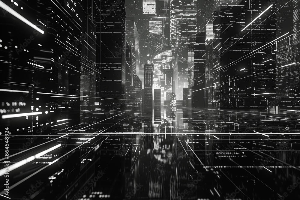 Poster Technology abstract in futuristic structure city background. Architecture design in urban future concept. Modern digital connected building with business perspective. Speed space