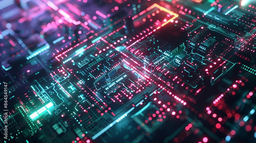 Fototapete Technology in computer board with digital motherboard. Communication in science electronics with processor hardware. Engineering circuit tech background. System information and