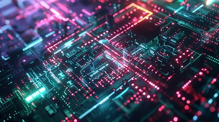 Obraz premium Technology in computer board with digital motherboard. Communication in science electronics with processor hardware. Engineering circuit tech background. System information and