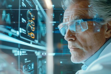 Technology digital modern futuristic concept. Man screen interface with person business information. Virtual computer innovation analysis. Future connection in science cyber chart.