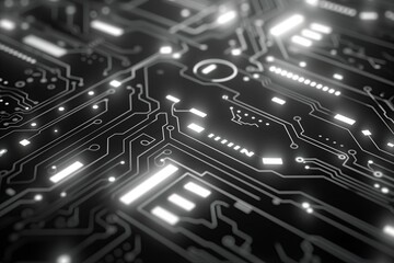 Obraz premium Technology in computer electronics with circuit board. Motherboard processor in background abstract digital tech. Communication hardware in blue industry design. Equipment