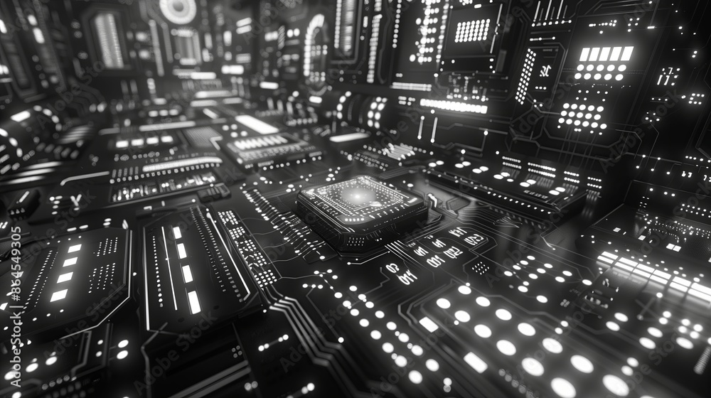 Aufkleber Technology in computing hardware with digital processor. Circuit electronic tech in abstract industrial board. Network background for science information system. Engineering