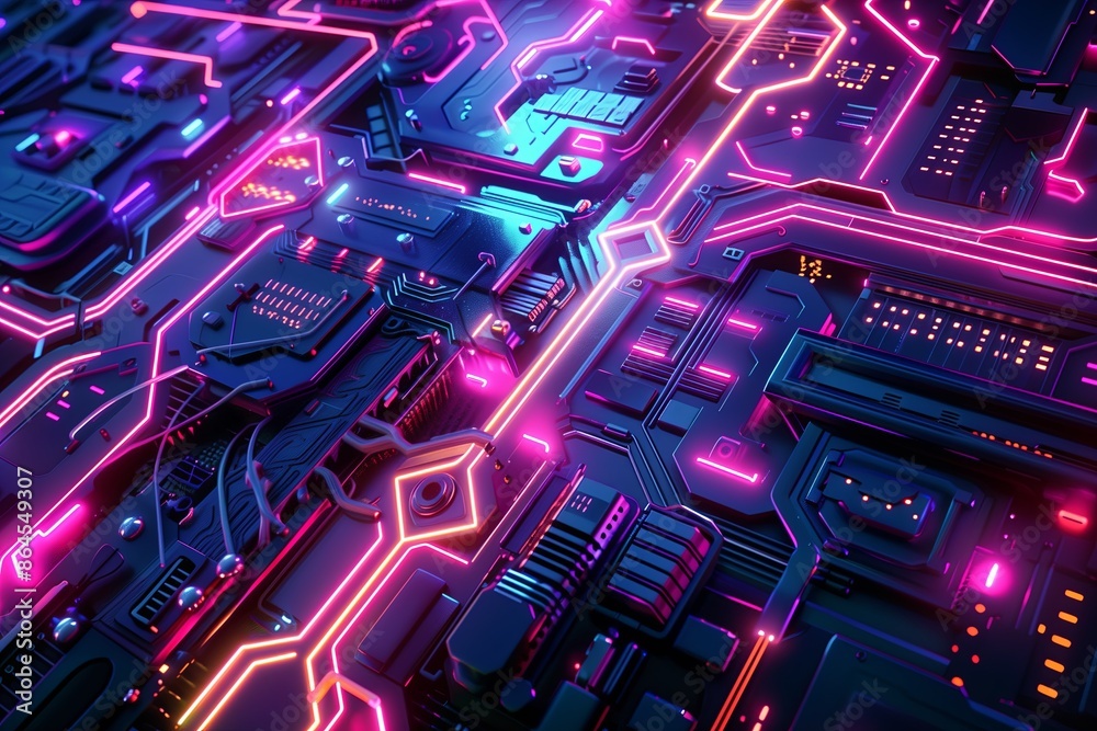 Aufkleber Technology in processor computer with digital science. Electronic background on motherboard in blue. Information circuit engineering abstract communication. Hardware integrated on