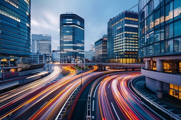 Fototapeta premium Traffic at night in the city business architecture. Road skyscraper street in transportation building. Modern cityscape with car travel urban light. Skyline in Asia highway with