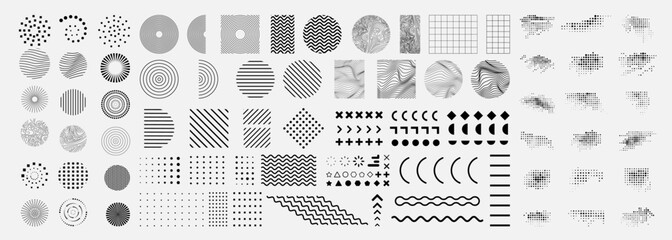 Vector illustration. Bundle of linear flat design elements for poster, book cover, frame, gift card, magazine. Simple minimalist line art wavy objects. Halftone dots, circle shapes, memphis pattern