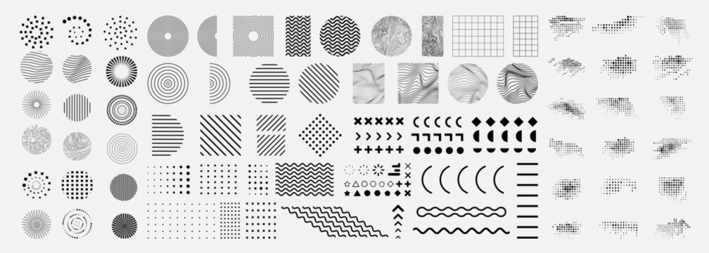 Vector illustration. Bundle of linear flat design elements for poster, book cover, frame, gift card, magazine. Simple minimalist line art wavy objects. Halftone dots, circle shapes, memphis pattern