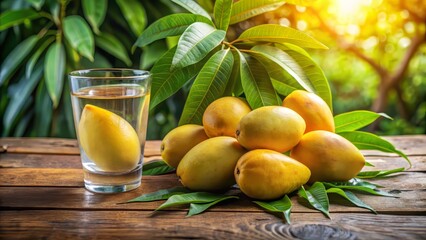 Ripe yellow mangoes freshly plucked from tree, sitting on wooden table surrounded by lush green leaves, next to a refreshing glass of water.