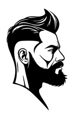 Brutal man with mustache and beard in profile. Black and white minimalist vector isolated illustration. Barbershop logo