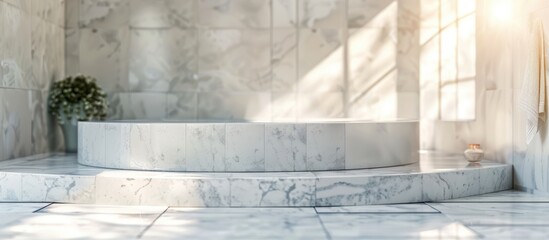 Blurry bathroom with an empty marble podium for showcasing your design