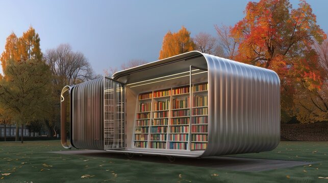 innovative design of a mobile library with aluminum siding that folds and expands, demonstrating the material's adaptability and mobile applications