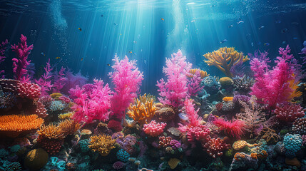 Naklejka premium Colorful corals exotic fishes at bottom of red sea, beautiful natural summer background