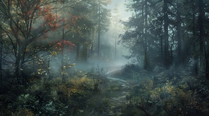 Autumn forest, foggy nature. Misty trees, magical light. Fall landscape, scenic paths. Dreamy mornings, beautiful foliage. Woodland trails, enchanted environments. Morning dawn,