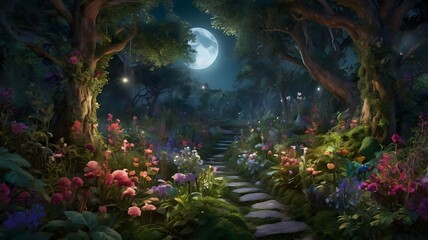 Naklejka premium A beautiful garden full of beautiful flowers and wonderful colors and the garden is very quiet