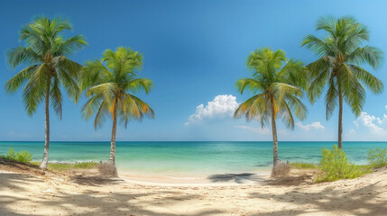 Fototapeta premium Tropical island with tall coconut trees, turquoise water and white sandy beach. Bright daylight