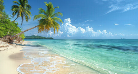 Tropical island with tall coconut trees, turquoise water and white sandy beach. Bright daylight