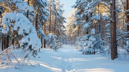 Fototapeta premium Snow covered woodland scenery with space for text Snow clad ground in a forest of snow capped fir trees in a natural setting