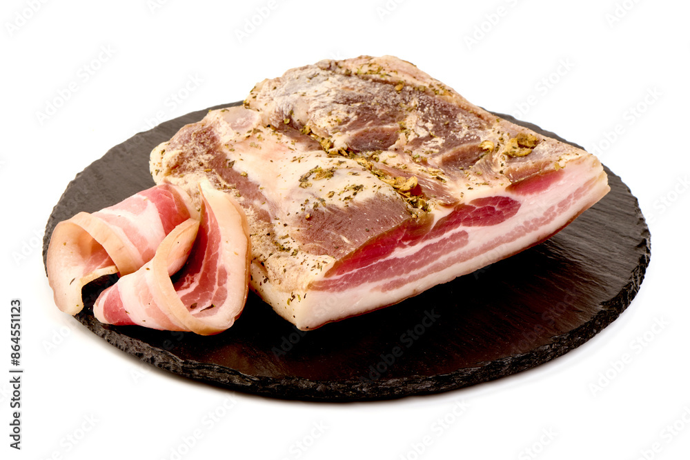 Wall mural smoked bacon. streaky brisket slices, isolated on white background.