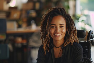 Obraz premium Inclusive image of happy black female employee sitting in a wheelchair in diverse and accessible workplace.