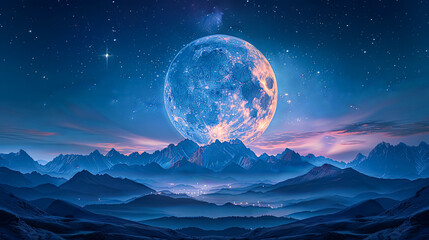 A large blue moon is in the sky above a mountain range. The sky is dark and the moon is the only light source