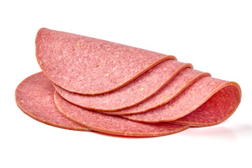 Thin salami sausage slices, isolated on white background.