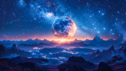 A large orange moon is in the sky above a desert landscape. The moon is surrounded by stars and the sky is dark. The scene is peaceful and serene, with the moon and stars creating a sense of calm