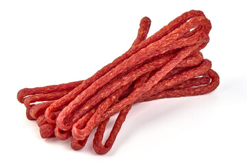 Kabanos thin dry sausage, snacks for beer, isolated on the white background.