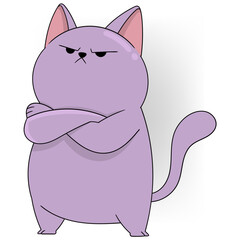 Angry Purple Cartoon Cat with Crossed Arms