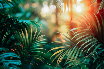 Fototapeta premium Exotic bright green tropical palm leafs background. Natural summer daylight wallpaper