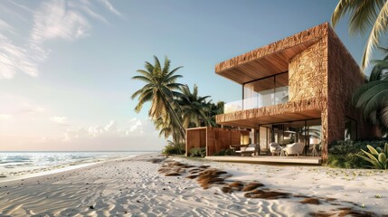Fototapeta premium beachfront villa with coral brick walls, perfectly harmonizing with the sandy beaches and providing a sustainable, weather-resistant living space