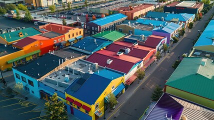 bird's-eye view of a commercial district where all buildings sport vibrant colored aluminum siding, showcasing its wide range of finishes and colors