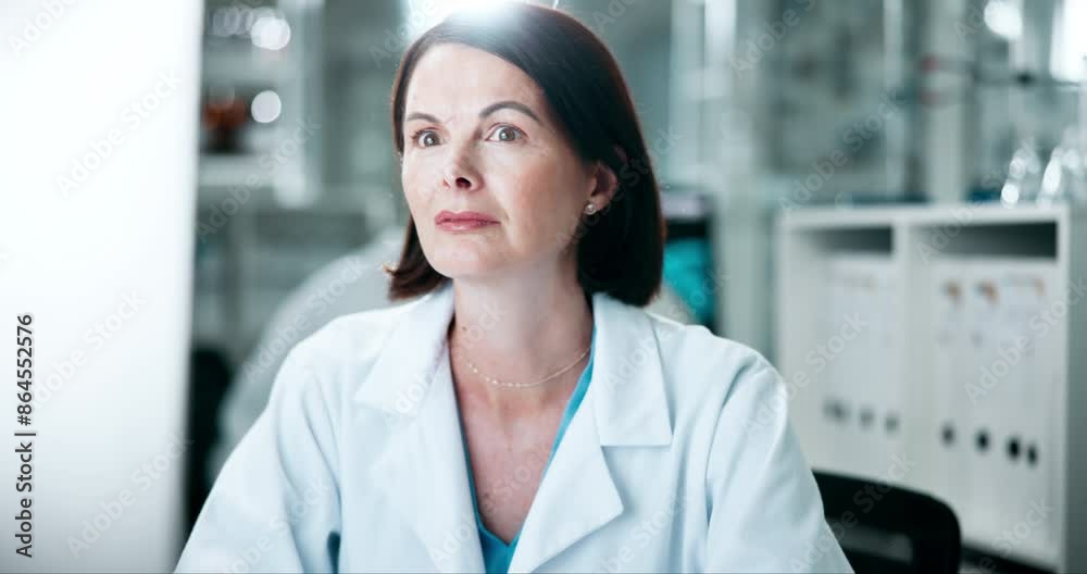 Aufkleber Laboratory, thinking and woman at computer reading research for study with education in biotechnology. Check, online and scientist search for solution or information on internet with science project