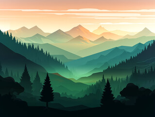 A mountain range with a large tree in the foreground. The sky is blue and the sun is setting