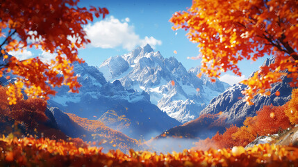 fantasy landscape with red leaves and snow mountains, Wall Art Poster Print Design for Home Decor, Decoration Artwork, Wallpaper & Background for Computer
