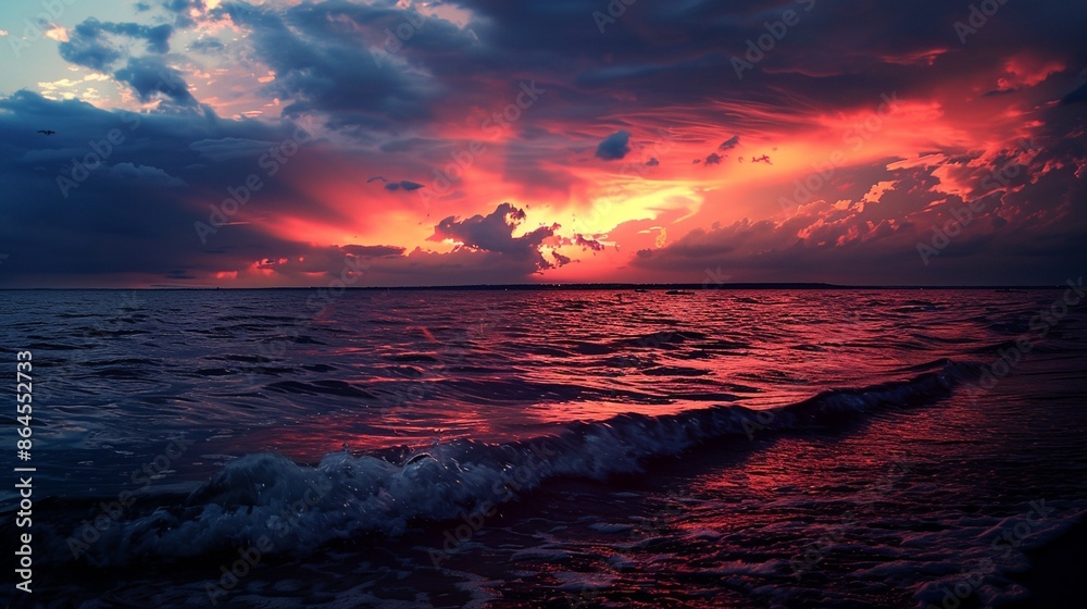 Poster a sunset over the ocean with a wave coming in to shore and clouds in the sky above it