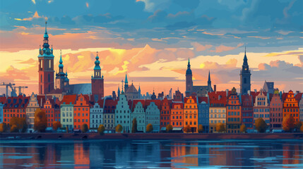 Fototapeta premium Vibrant old European city cityscape featuring colorful buildings along a waterfront, with reflections in the water and a dramatic cloudy sky overhead. Generative ai vector illustration. 