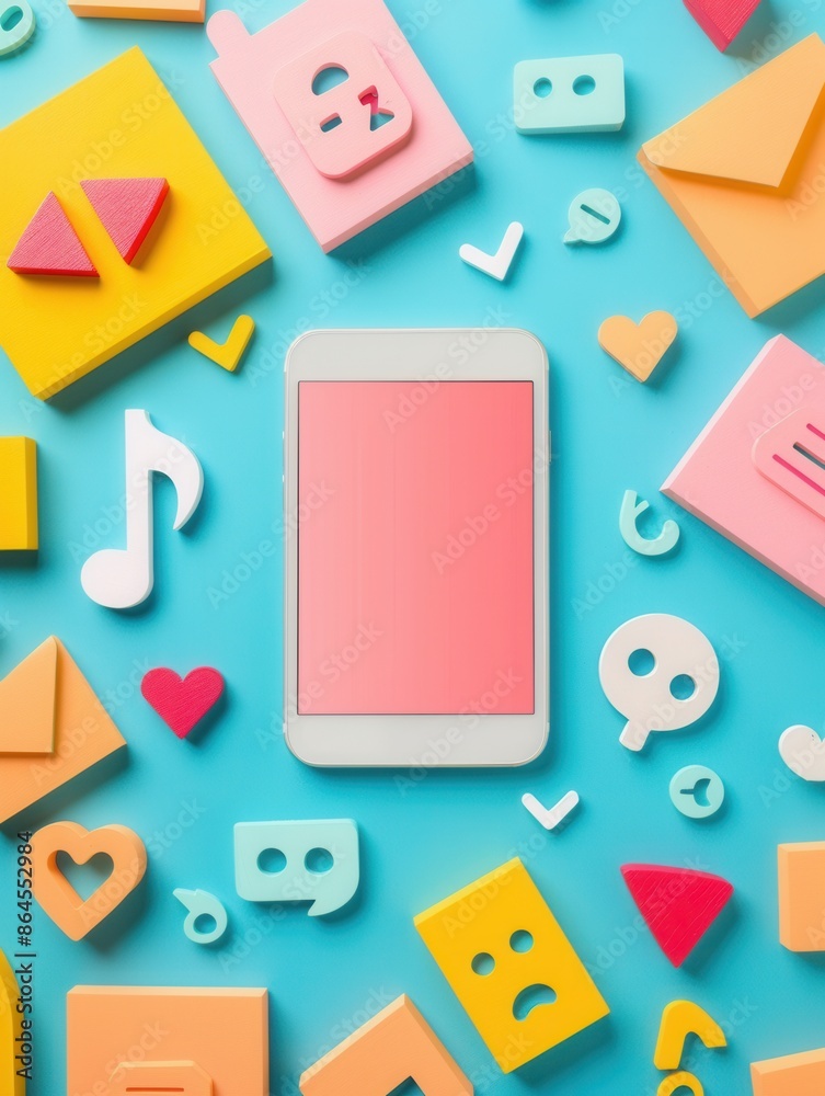 Aufkleber a smartphone with a blank screen rests on a blue background surrounded by colorful icons representin