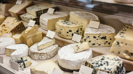 types of organic premium cheese displayed in a glass window at a local market