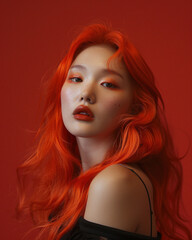 Obraz premium Transgender asian woman bright red hair, posing confidently against soft pink studio background