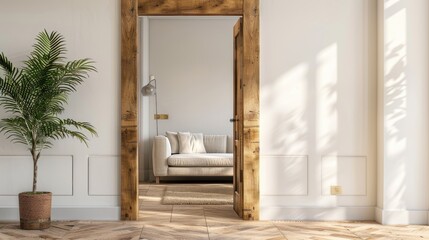 Open modern wooden door to living room interior, concept of real estate, visit, new home, copy space.