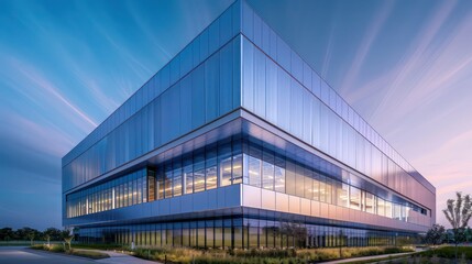 conceptual energy-efficient office building with a facade of reflective aluminum siding, designed to optimize natural light distribution and reduce cooling costs