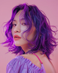 Transgender asian woman bright purple hair, posing confidently against soft pink studio background