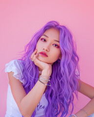 Transgender asian woman bright purple hair, posing confidently against soft pink studio background