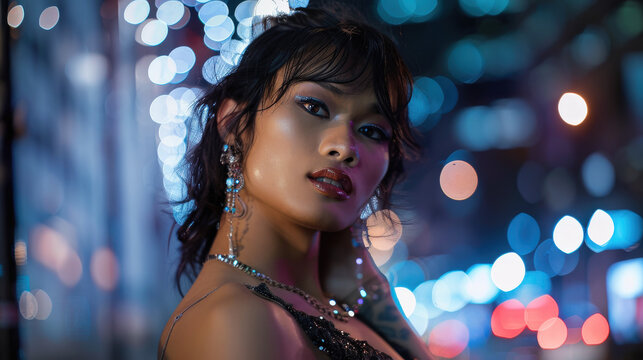 Transgender asian woman bold makeup elegant, standing confidently cityscape background. Concept LGBT