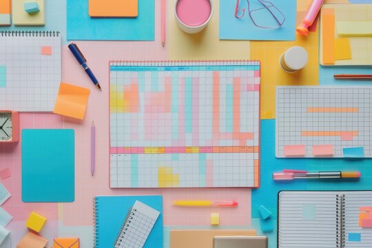 A flat lay image showcasing a vibrant desk workspace with colorful notebooks, pens, and sticky notes. Generative AI