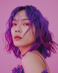 Obraz premium Transgender asian woman bright purple hair, posing confidently against soft pink studio background