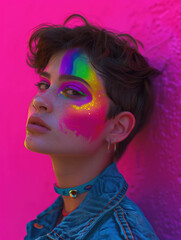 Obraz premium Portrait of young person with rainbow makeup, winking playfully at the camera. Concept LGBTQ