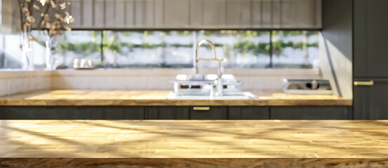 Kitchen background top counter interior wood blur home wooden empty room light white. Top kitchen product background desk modern window food display design texture tabletop restaurant board wall space