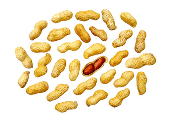 Roasted peanuts in shell on white background.