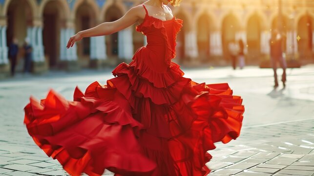 Flamenco dancer in a red ruffled dress performs passionately in a sunlit Spanish plaza with guitar and clapping.